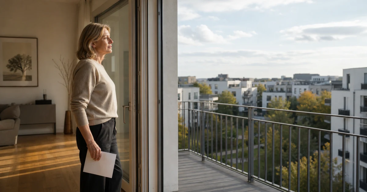 Frau an der geöffneten Balkontür einer deutschen Wohnung, Brief in der Hand, Blick über die Nachbarschaft